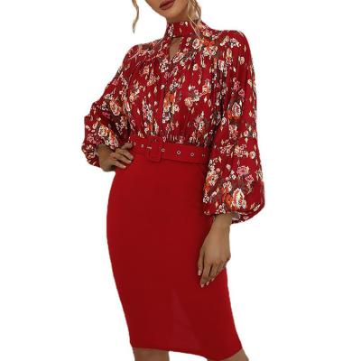 China 2022 Elegant Floral Print Breathable Breathable Bodycon Puff Sleeve Dresses With Belt for sale