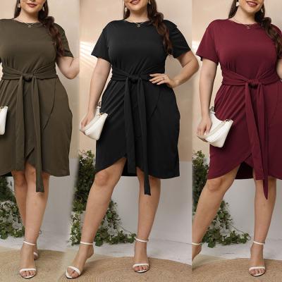 China Wholesale Breathable Loose Fit Dresses Plus Size Wrap Solid Asymmetrical Edge Belted Fitted Dress for sale