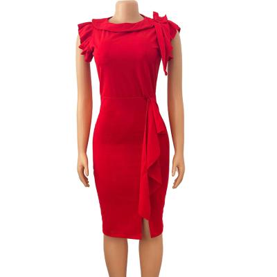 China Latest Stylish Short Sleeve Anti-Static Plus Red Ruffles African Women Office Anti-Static Fitted Dress for sale