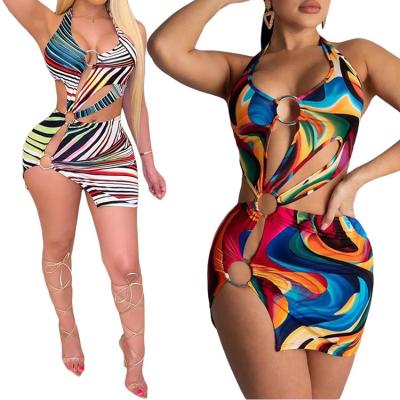 China 2021new arrivals anti-static sexy anti-static backless printed halter swim dress for women ladies for sale