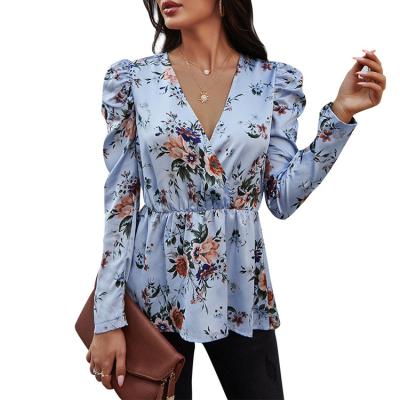 China Main Anti-pilling 2021 New Women's Girls Women's Long Sleeve Deep V-Neck Floral Prints Elegant Blouse Anti-pilling for sale