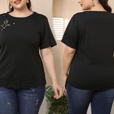 China Plus Size Women's Plain Plus Size T Shirt Rose Burning Flowers Hollow Out Short Sleeve Plus Size T Shirt For Women 2022 for sale