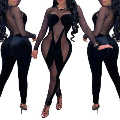 China Sexy Black Anti-Static Jumpsuit See Mesh Velvet Long Romper Jumpsuits Club Wear for sale