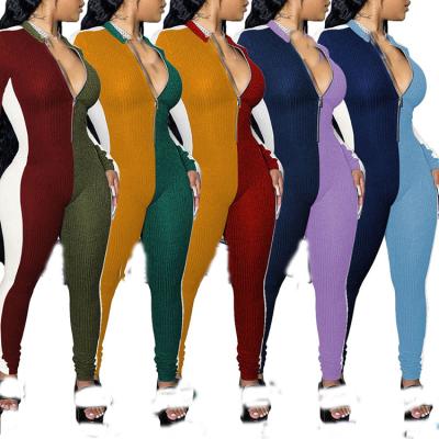 China Sexy Anti-Static Color Block Deep V-Neckline Ribbed Knitted Bodycon Women 2020 Winter Overall for sale