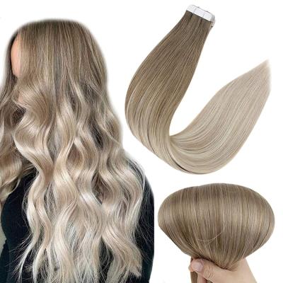 China Silky Straight Wave Full Shine 14-24” Silky Straight Remy Hair Extensions #8/60/18 Light Brown To Platinum Blonde 20 Piece 50g Tape In Hair for sale