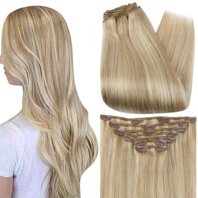 China Blonde Brazilian Remy Hair Extensions #16/22 Shine Silky Straight Full Highlight Wave Hair Clips In Hair Extensions for sale