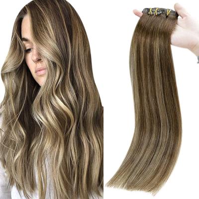 China Hair Extensions #4/27/4 Seamless PU Clip In Hair Extensions #4/27/4 Balayage Brown Silky Straight Wave Shine In Real Hair Extensions for sale