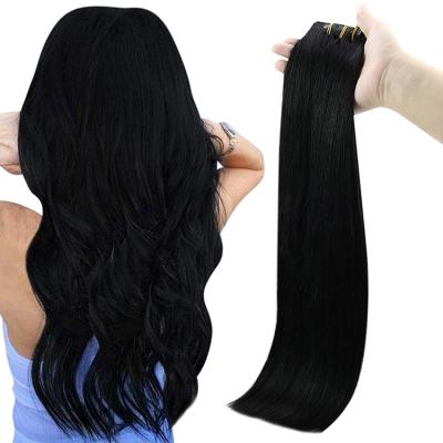 China Wholesale Supplier Remy Clip Hair Extensions #1 Jet Black PU Clip In Silky Straight Full Wave Shine Hair Extensions for sale