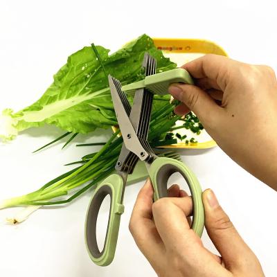 China Wholesale Five-Layer Universal Kitchen Shear Stainless Steel Shredded Grass Shears 5 Blades White Onion Scissors With Brush Cover for sale