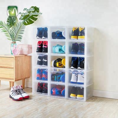 China 2018 Wholesale Stackable Drop Front Door Plastic Shoe Boxes Display And Storage For Sneaker for sale