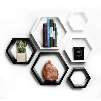 China Modern Black Hexagon Wooden Wall Mounted Floating Shelves for Living Room, Kitchen and Bedroom for sale