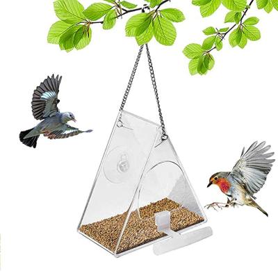 China Viable Outdoor Triangle Station Window Bird Feeding Acrylic Hanging Wild Bird Feeders With Strong Suction Cups And Chain for sale