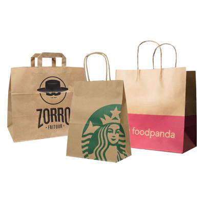 China Recycled Materials Customized Large Grocery Brown Kraft Paper Bags With Flat Twist PP Handles For Fast Food Delivery Coffee Cake Pizza To Go caterer for sale