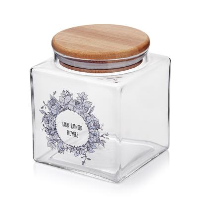 China Large freshness preservation new product printing flower square style lid bamboo glass jar for sale