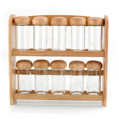 China 10pcs Sustainable Glass Spice Jar Set With Wooden Rack For Kitchen for sale