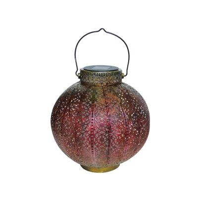 China Round Metal Lantern Solar Rustic Outdoor Decoration Metal Lantern Lights Garden Solar Hanging Lights for sale