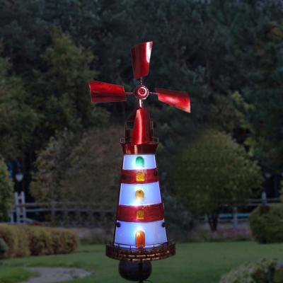 China Red Solar Lighthouse Wind Spinner Solar Lighthouse With Wind Spinner Garden Lead Glass Lamp Body Solar Powered Windmill Decoration Lights for sale