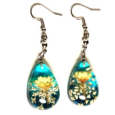 China BOHEMIA New Arrivals Clear Dropping Pendants Lace Up Lotus Flower Acrylic Resin Stainless Steel Dry Epoxy Earrings for sale