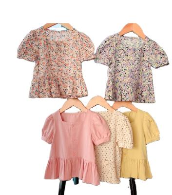 China Hot Sale Summer Breathable Breathable Shorts Sleeves Solid Floral Cotton Tops Shirt Kids Clothing Babies Blouses for sale