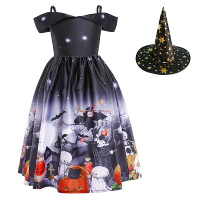 China Anti-wrinkle boutique children's Halloween witch costume kids dress Maxi Halloween Girls Dresses Outfits with free hat for sale