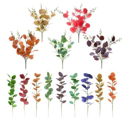 China PL1007 Real Touch Artificial Silk Natural Eucalyptus Leaves Decorative Plants Green And Brown Color Leaves Stem for sale