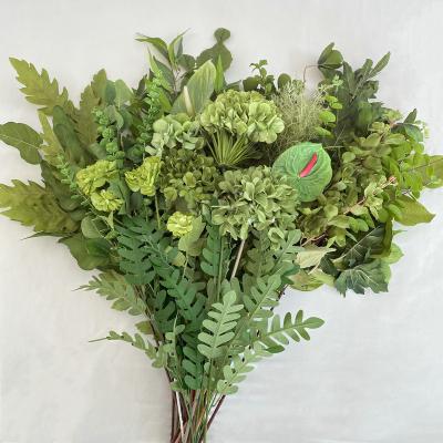 China Greenery Plastic and Silk Artificial Fake Plants Stems Spring Faux Shrub Rings Grasshopper Green Leaf Silk Bouquet for Home Wedding Decoration for sale