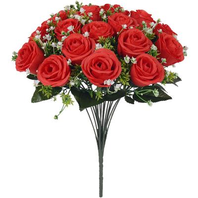 China Large 18 Heads Red Wedding Flowers Wholesale Yiwu Silk and Plastic Rose Bouquet Artificial Rose Bush for Wedding Event Decor for sale