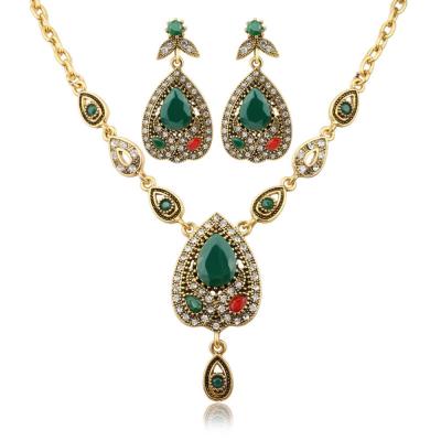 China National Bohemian Vintage Retro Chain Set Classic Diamond Necklace Earrings Jewelry Set Girls Dress Chain Antique Gold Plated for sale