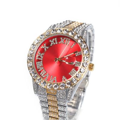 China Fashion Brand Watch Hip Hop Roman Digital Set Diamond Men Big Red Face Dial Quartz Punk Watch for sale