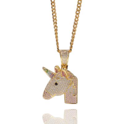 China 2021 New punk fantasy unicorn pendant full of zircon rainbow pony personality hippie necklace hip hop accessories necklace for sale