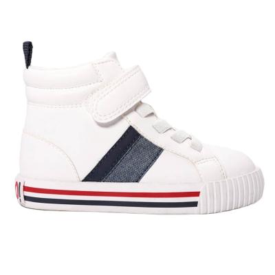 China Winter Thermal Children's Waterproof White PU With Denim Ribbon Plush Top Boots Basketball Style Casual Shoes for sale