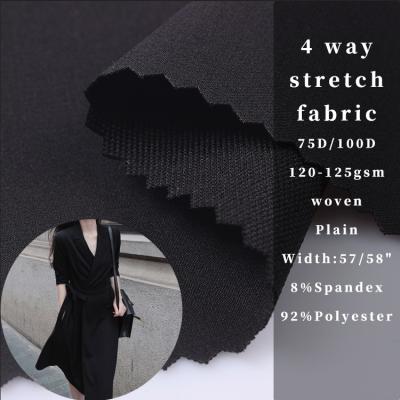 China Stretch customized colorful free samplie 75D 100D 92% polyester 8% spandex 4 way woven stretch fabric for dress for sale