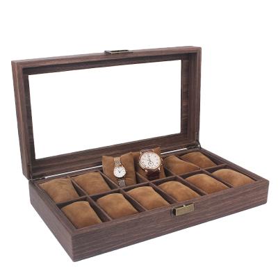 China PU Leather Wooden Watch Box PU Leather 12 Slots Brown High Storage Quantity In Stock Luxury Watches Box Case for sale