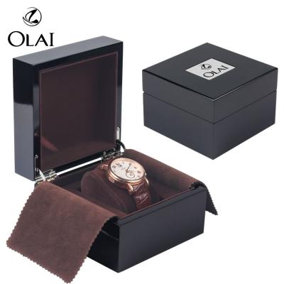 China Custom Handmade Black Glossy Lacquered Wooden Logo Watch Box Brown Velvet Pillow Inside Watch Gift Packing Box for sale