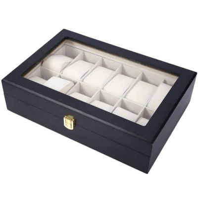 China Wholesale 12 Slots Custom Logo Wood Black Luxury Wooden Watch Box With Pillows for sale