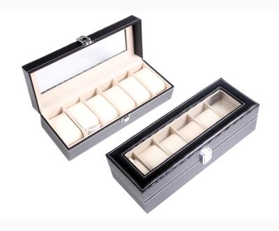 China Classic 6 Slots PU Leather Watch Box Wholesale Black Leather Watch Box With Stained Glass for sale