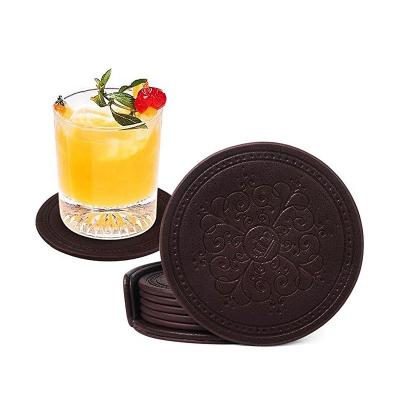 China Durable Hot Selling PU Classic Style Leather Drink Coasters Set Of 6 With Stand Square Cup Mat for sale