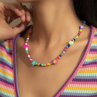 China European Handmade Beaded Polymer Clay Choker Necklace Rainbow Color Smile Beads Star Smile Letter Necklace Pendant Set for sale