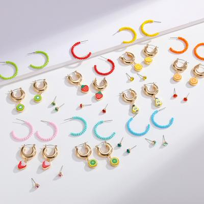 China Polymer Clay Fruit 2022 Summer Polymer Clay Colorful Cheerful Fruit Charms 3 Pairs Earring Set Beads Hang Huggie Circle Earring Set for sale