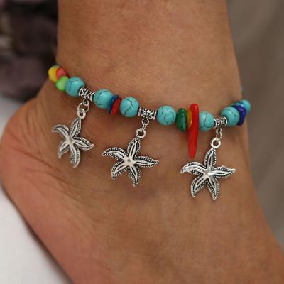 China 2021 Summer Fashion Boho Style Turquoise Charm Handmade National Stone Anklet Chain Irregular Color Stone Beads Silver Starfish Anklet for sale