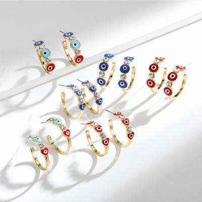 China European Mystical Enamel Hoop Earrings Heart Enamel Devil Eye Earrings Girls Gold Plated Turkish Blue Red Evil Eye Crystal Hoop Earrings for sale