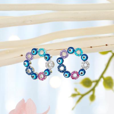 China Delicate Evil Eye Flower Stud Earrings Circle Round Flower Earrings Copper Colorful Micro Inlay Zircon Flower Evil Eye Stud Earrings For Women for sale