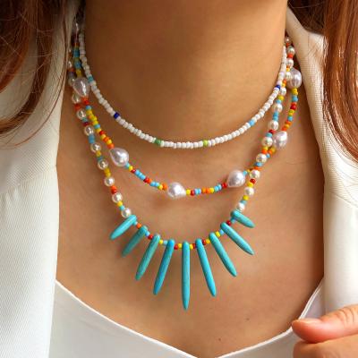 China Boho Fashion Summer Handmade Multi Layer Necklace Is Colorful Seed Beads Pearl Turquoise Choker Necklace Set For Women for sale