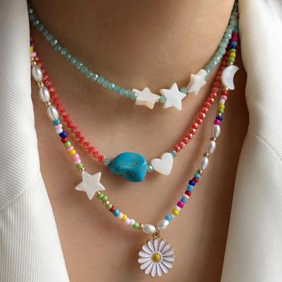 China Multilayer Colorful Daisy Flower Choker Necklace For Women Turquoise Moon and Star Crystal Beads Summer Handmade Bohemian Fashion for sale