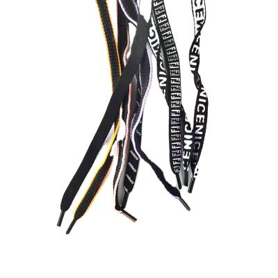 China Multiple styles Professional Supplier Trendy Black Printed Letter Flat High Tensile Strength Shoelaces for sale