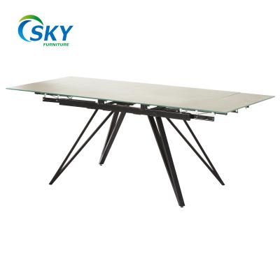 China SKY Modern Two Side Extendable Glass Top Dining Table With Metal Leg Rectangle Dining Table for sale