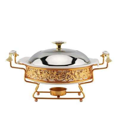 China Yuantai OEM/ODM Luxury Ceramic Round Chafing Dish Stainless Steel and Ceramic Shake Serving Tray with Stainless Steel Lid and Rack for sale