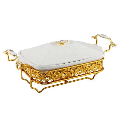 China Yuantai OEM/ODM Luxury Stainless Steel Ceramic Rectangle Chafing Dishes Shake Serving Tray with Stainless Steel Rack for sale