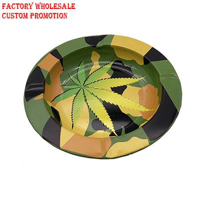 China Beautiful Printing Tobacco Leaf With Camouflage Color Portable Glass Ashtray Ash Tray Fashion Customize Artwork Metal Cigar Tray for sale