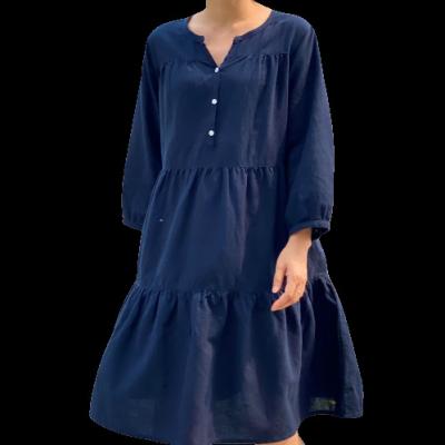 China New Arrival Breathable Modern Navy V-Neckline 100% Cotton Long Dress For Women for sale